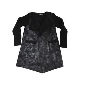 WD.NY Open Front Sweater Jacket L Faux Leather Trim Asymmetrical Hem
